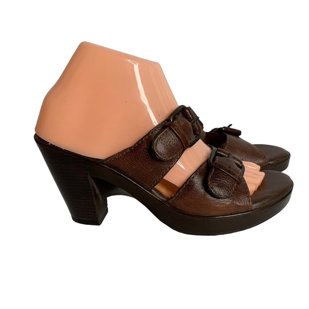 Nurture Piccolo Block Heel Sandals Size 7M Brown Leather Double Strap Slip On